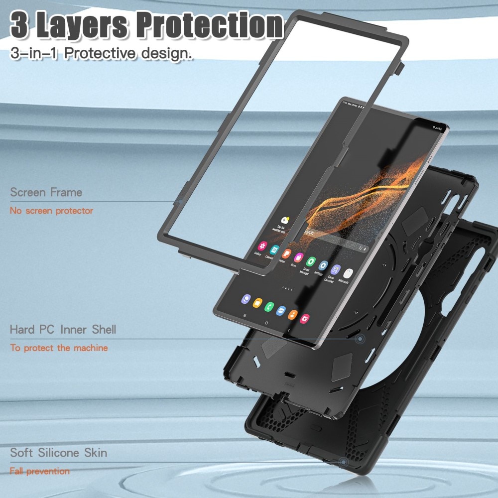 Samsung Galaxy Tab S8 Ultra Hybridcase met Kickstand en schouderband zwart