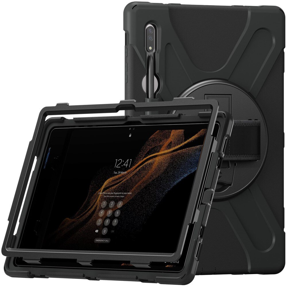 Samsung Galaxy Tab S8 Ultra Schokbestendige Hybridcase met schouderriem Zwart