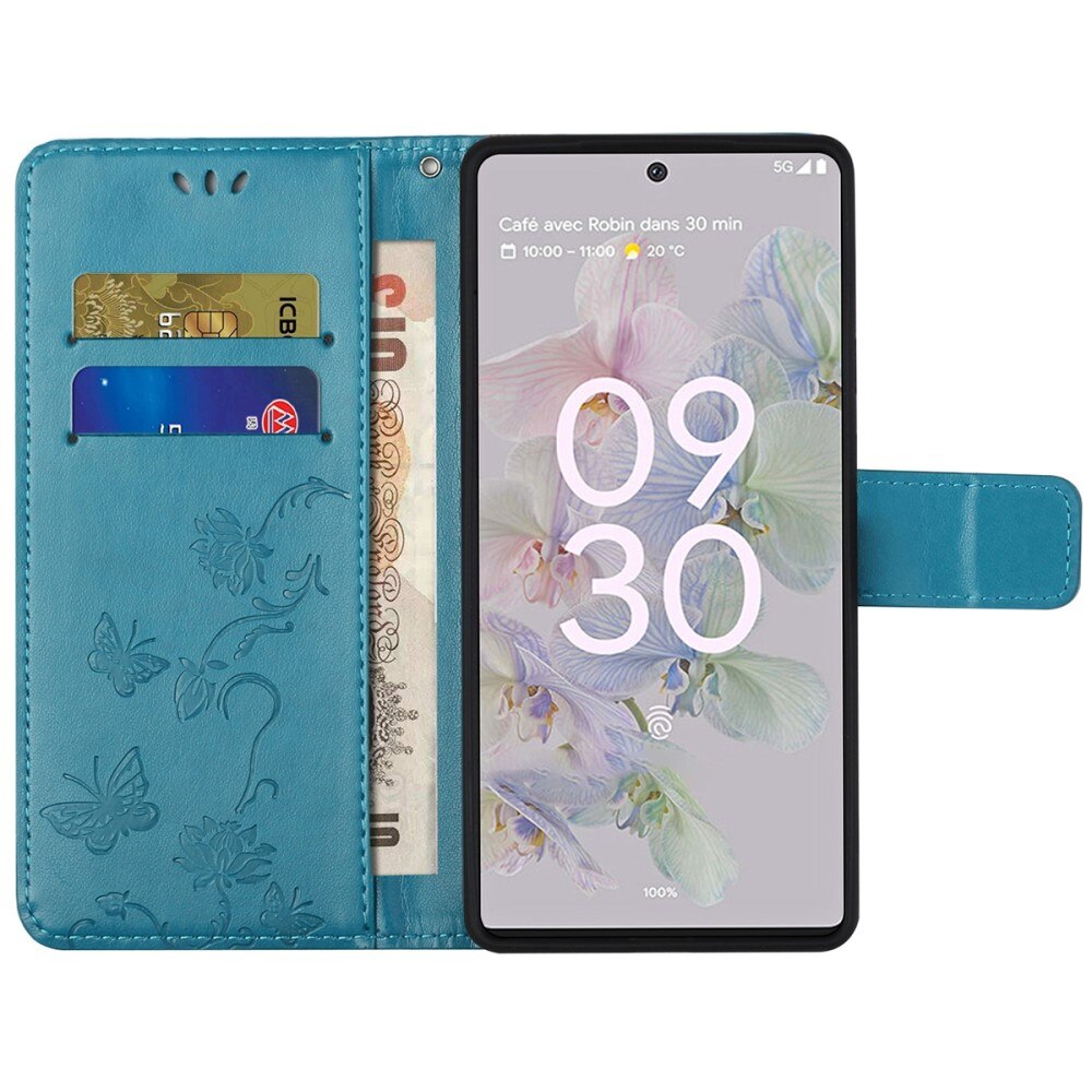 Google Pixel 6a Leren vlinderhoesje Blauw