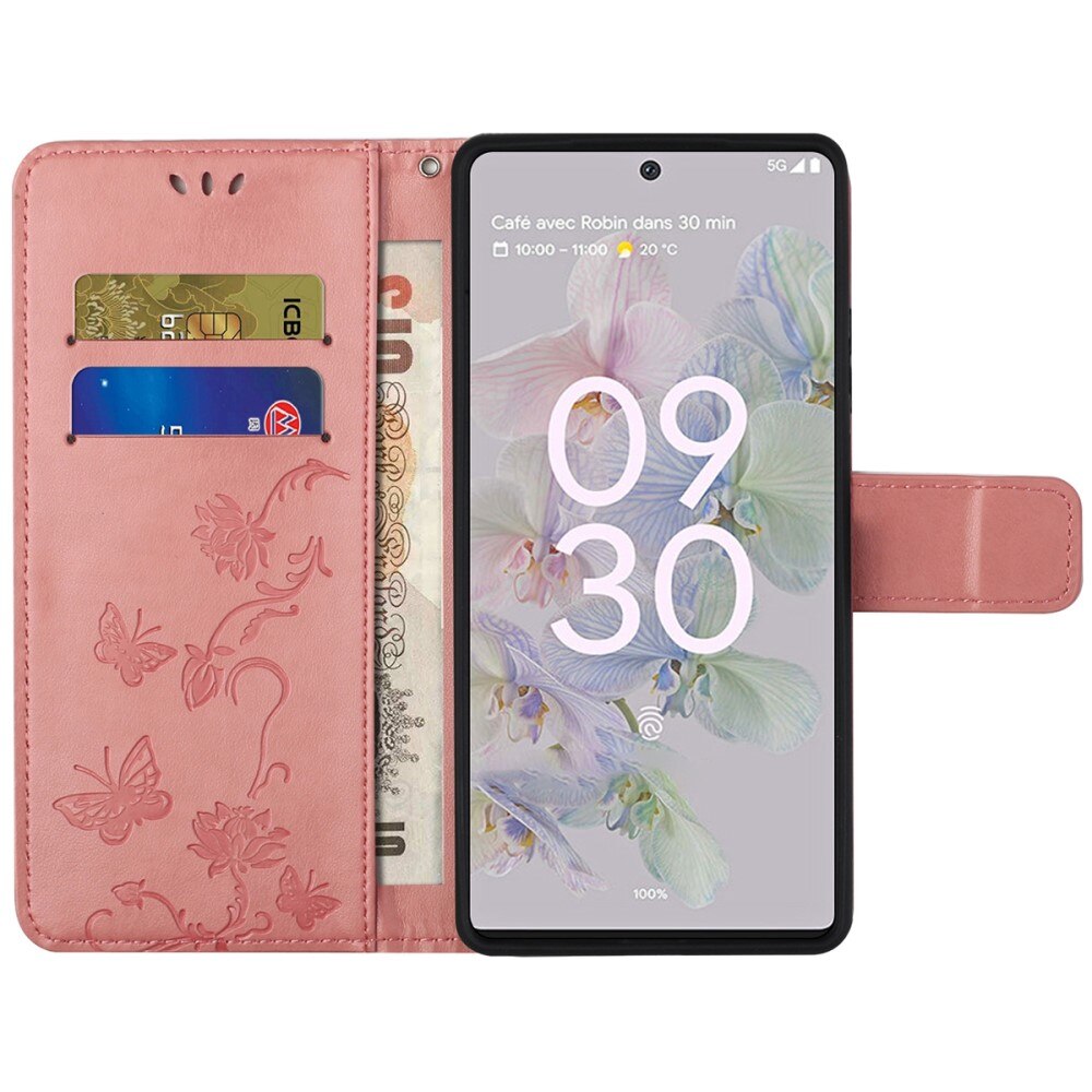 Google Pixel 6a Leren vlinderhoesje Roze