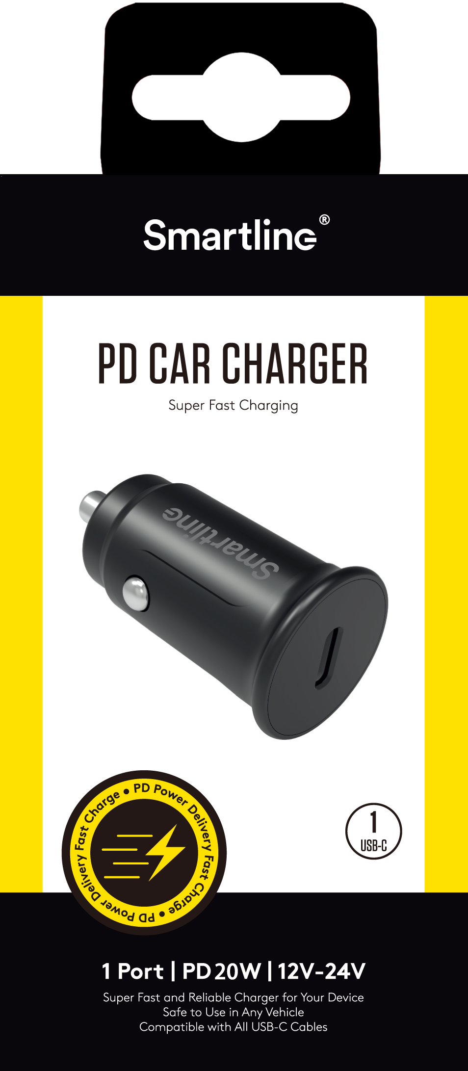 Power Delivery Autolader USB-C 20W 12V-24V Zwart