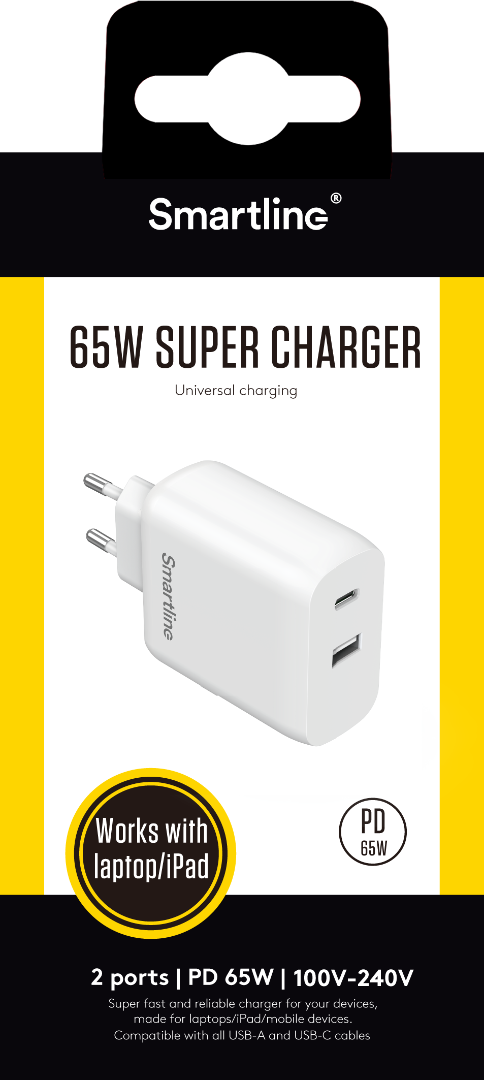 Power Delivery Laddare GaN 65W Dual USB-C+A Wit
