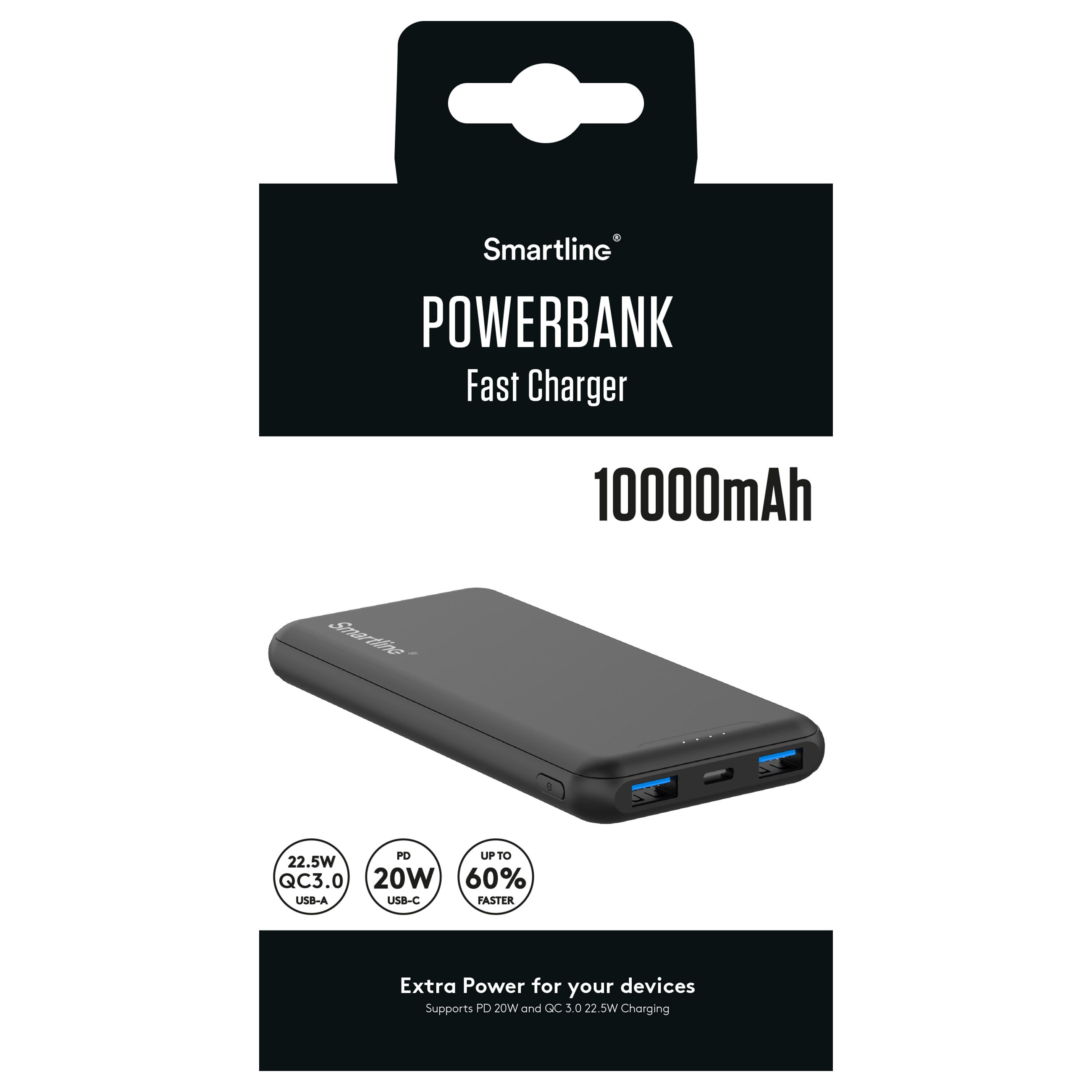 Powerbank 10000 mAh USB-A + USB-C PD zwart