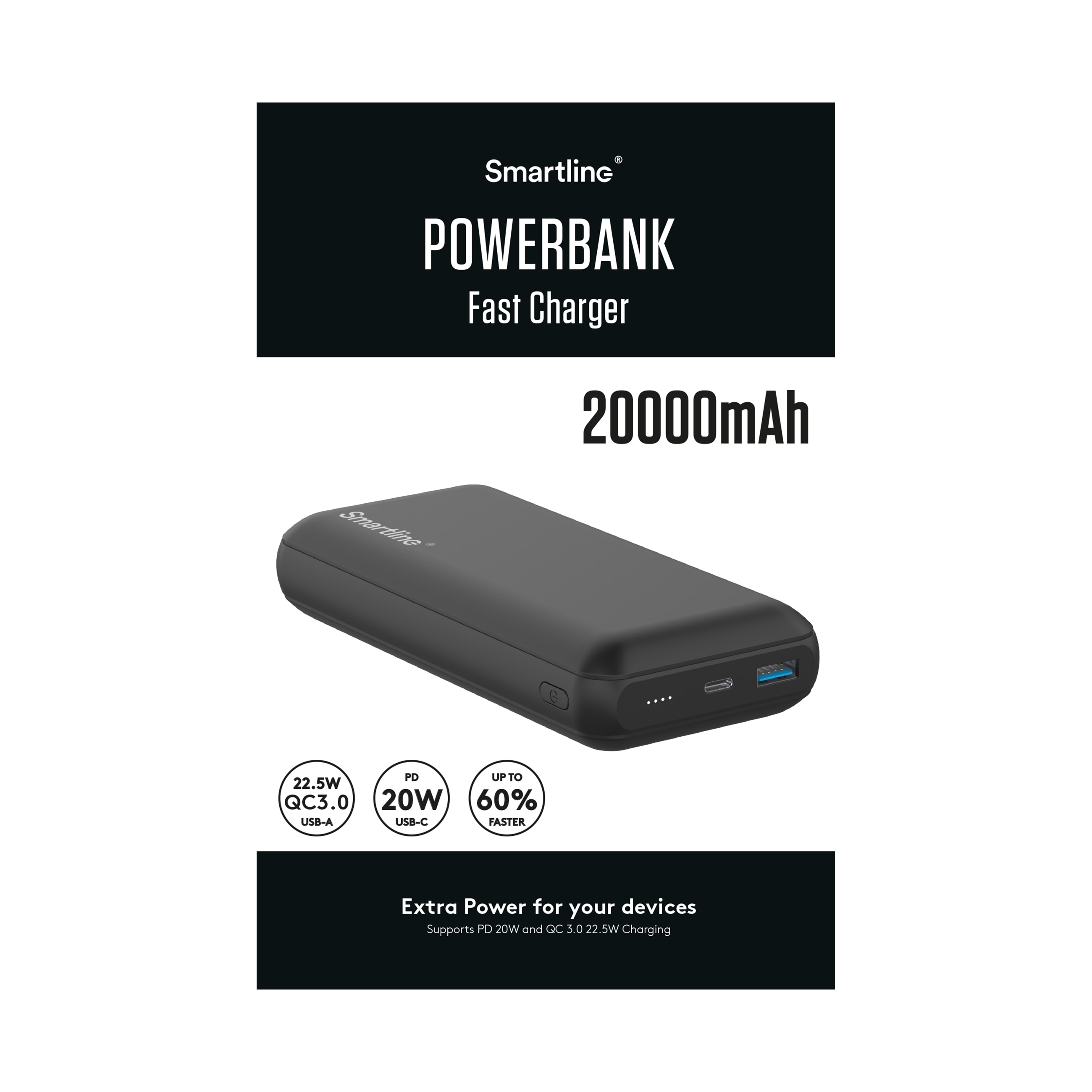 Powerbank 20000 mAh USB-A + USB-C PD zwart