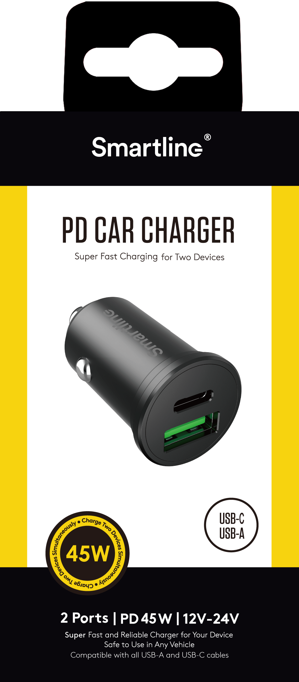 PD Dual Autolader USB-C + USB-A 45W 12V-24V zwart