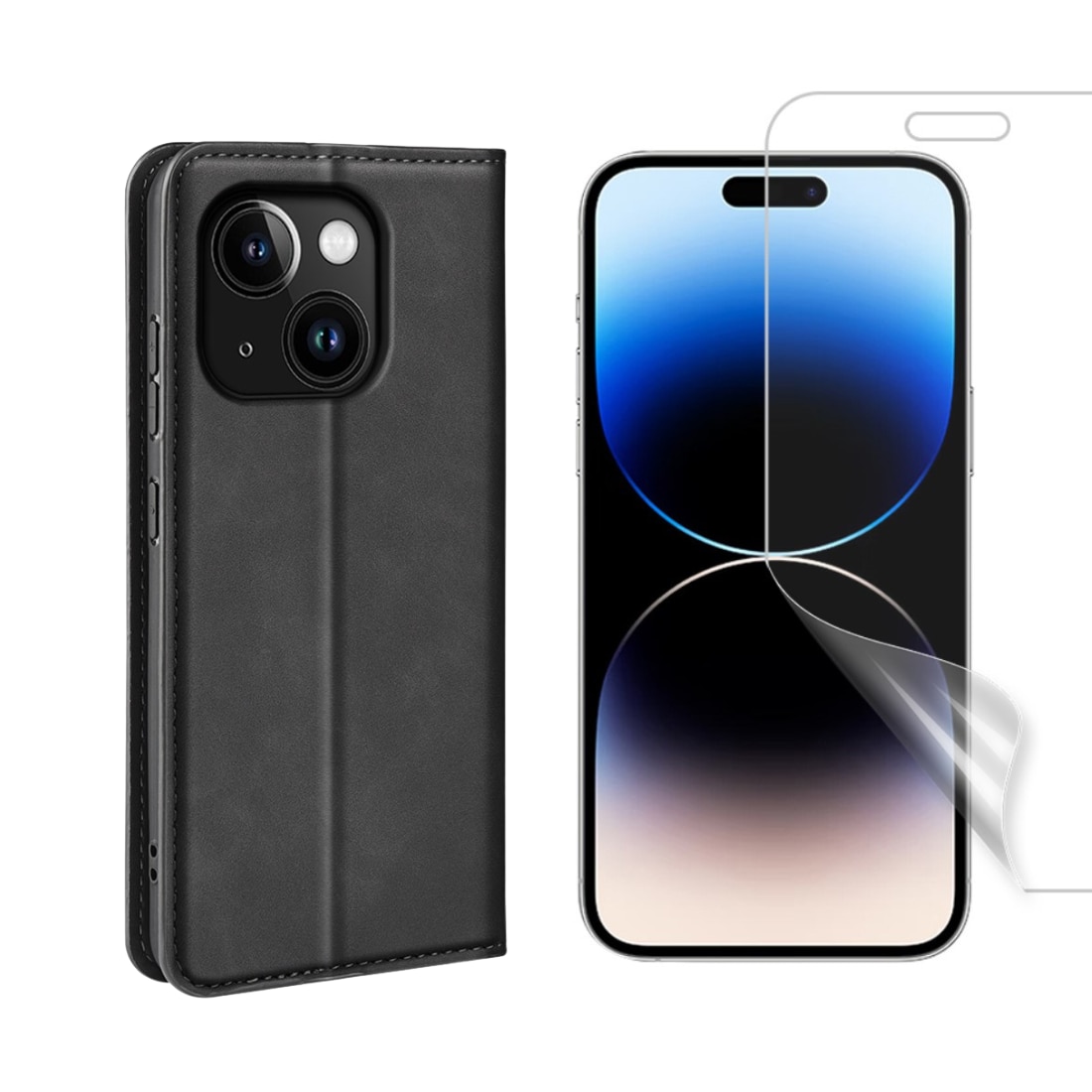 iPhone 15 Set van Dunne Bookcover hoesje en Screenprotector