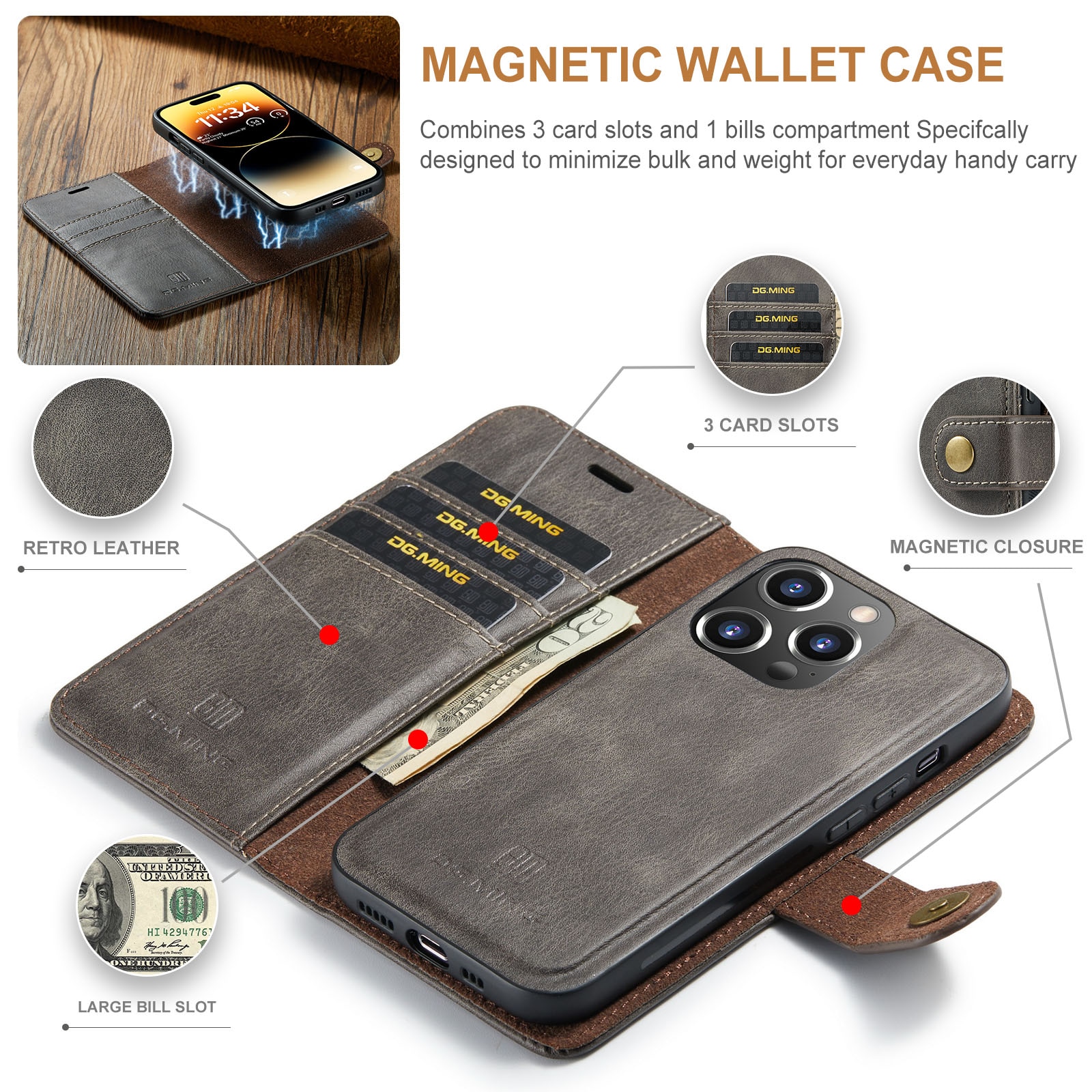 Magnet Wallet iPhone 14 Pro Max Brown