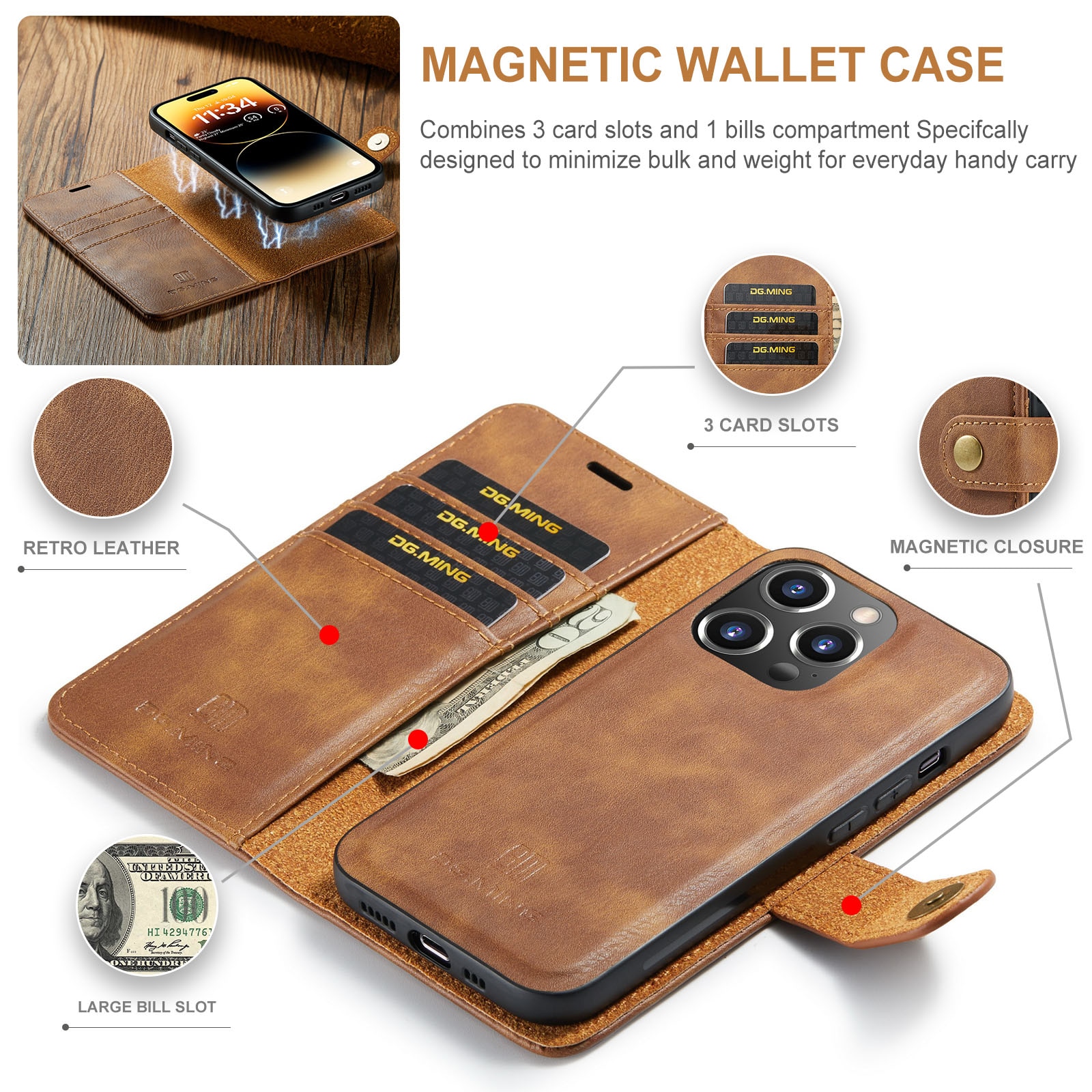 Magnet Wallet iPhone 14 Pro Cognac