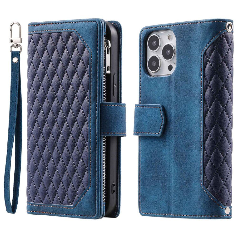 iPhone 14 Pro Max Portemonnee tas Quilted Blauw