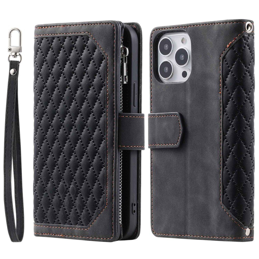 iPhone 14 Pro Max Portemonnee tas Quilted Zwart