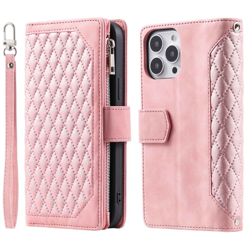 iPhone 14 Pro Max Portemonnee tas Quilted Roze