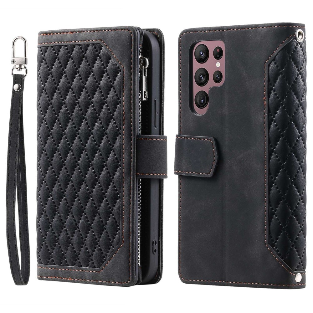 Samsung Galaxy S22 Ultra Portemonnee tas Quilted Zwart