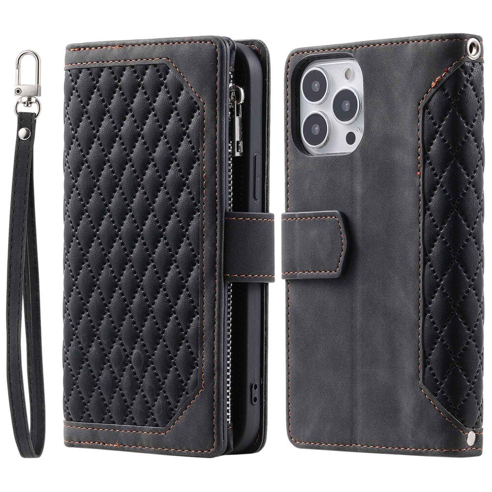 iPhone 14 Pro Portemonnee tas Quilted Zwart