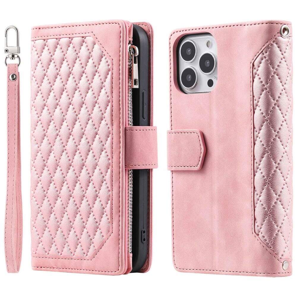 iPhone 14 Pro Portemonnee tas Quilted Roze