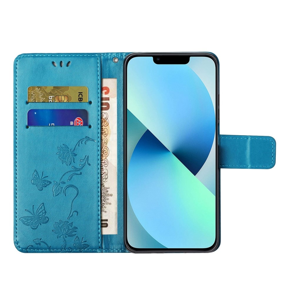 iPhone 14 Leren vlinderhoesje Blauw