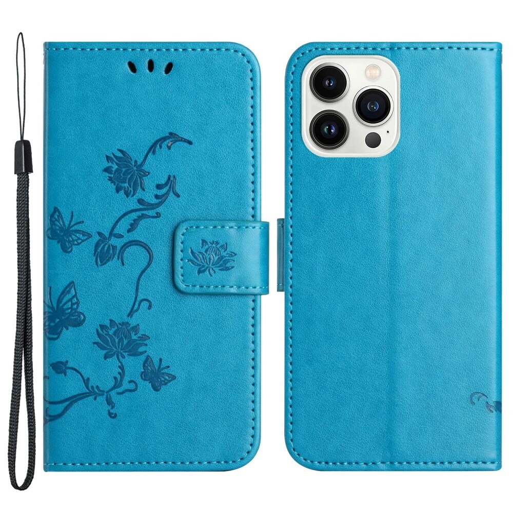 iPhone 14 Pro Leren vlinderhoesje Blauw