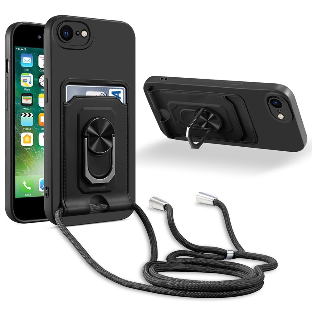 iPhone 7/8/SE TPU Hoesje met kaartsleuf, ring en halsband Zwart