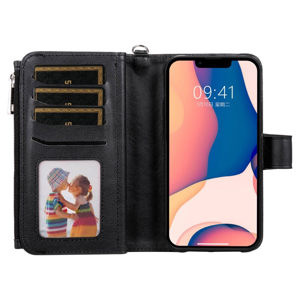 iPhone 14 Plus Zipper Magnet Wallet Zwart