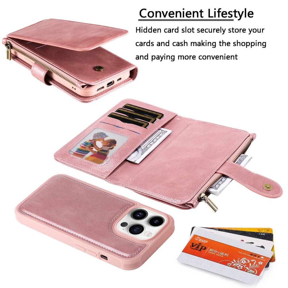 iPhone 14 Pro Magnet Leather Multi-Wallet Roze