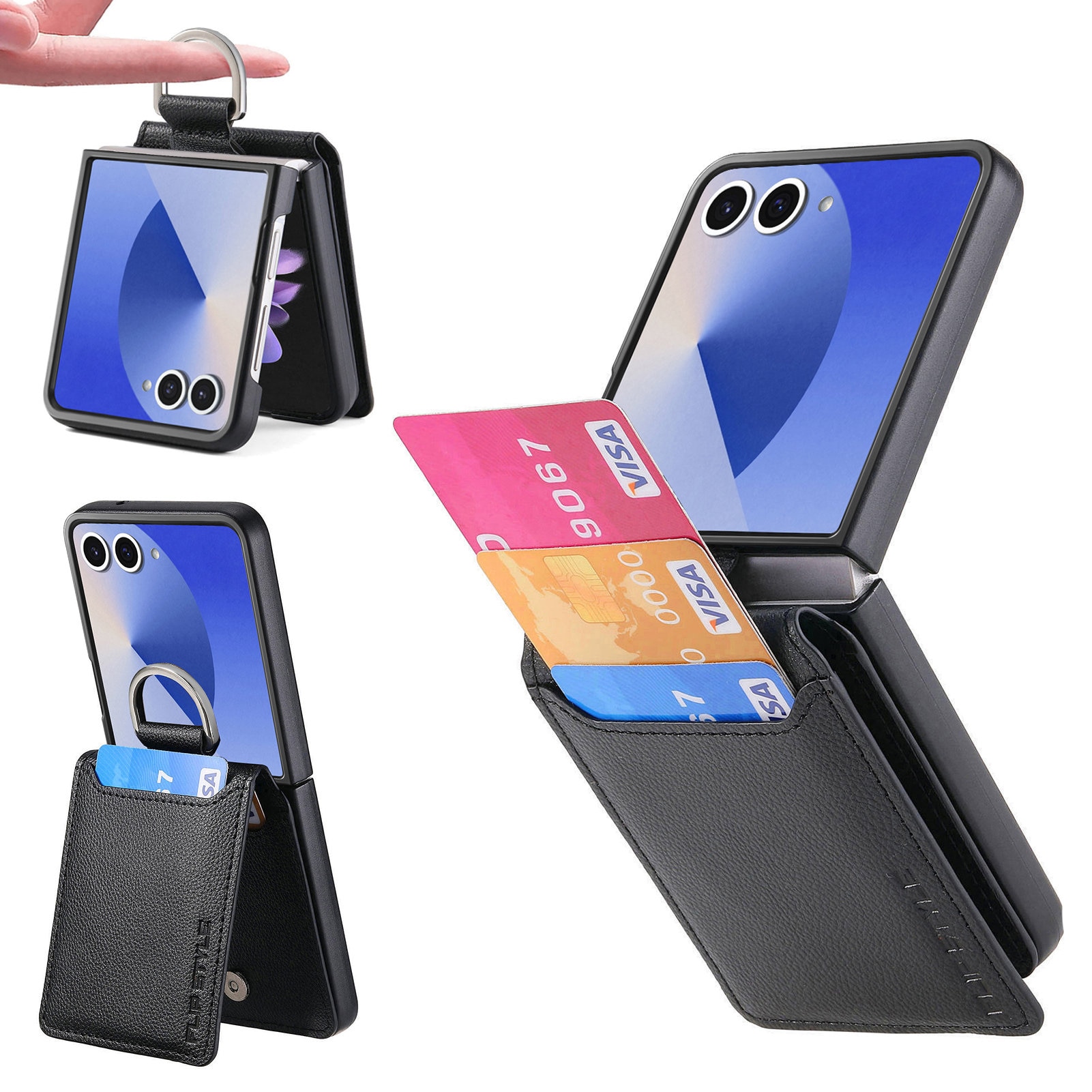 Samsung Galaxy Z Flip 7 Hoesje met Ringhouder + Cardslot, zwart