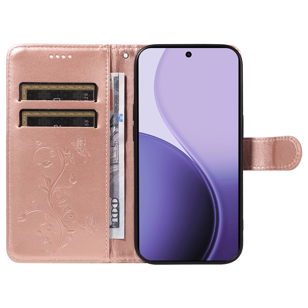 Oppo Reno 14 F Leren vlinderhoesje Rosé goud