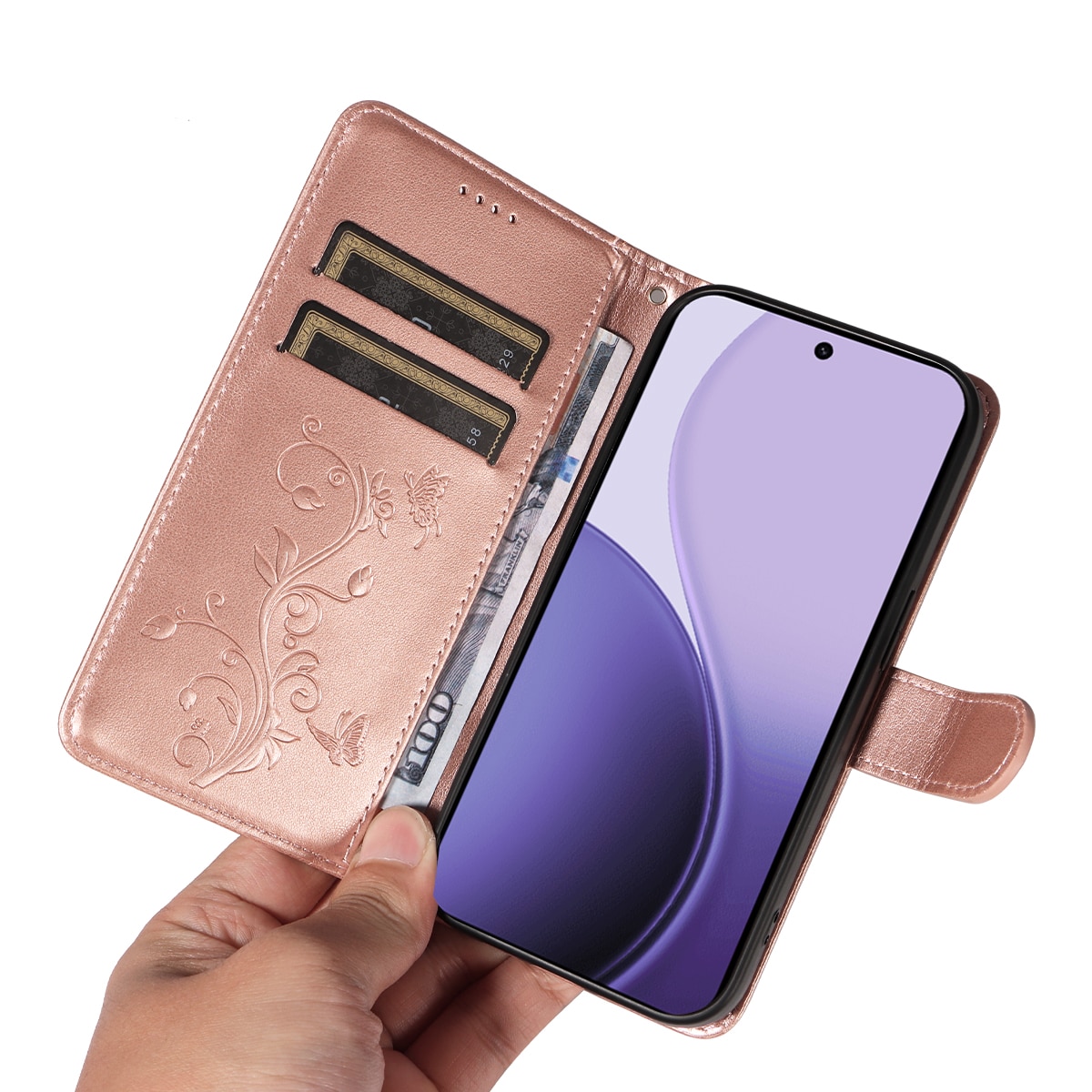 Oppo Reno 14 F Leren vlinderhoesje Rosé goud