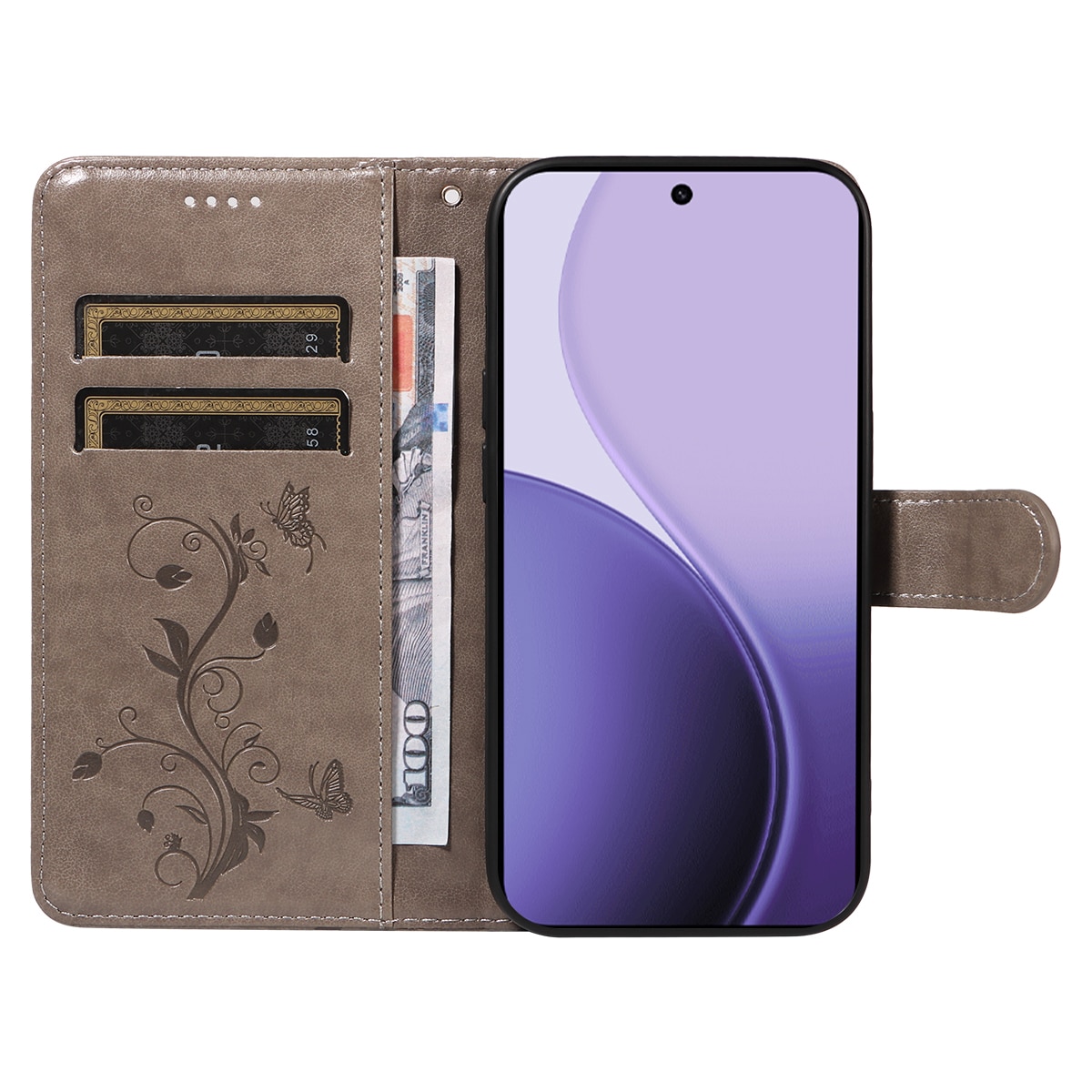 Oppo Reno 14 F Leren vlinderhoesje Grijs