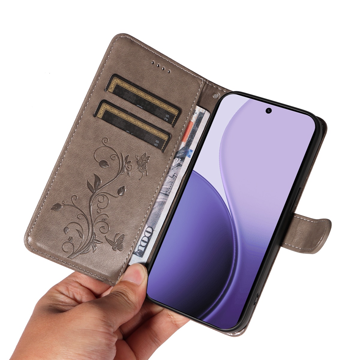 Oppo Reno 14 F Leren vlinderhoesje Grijs
