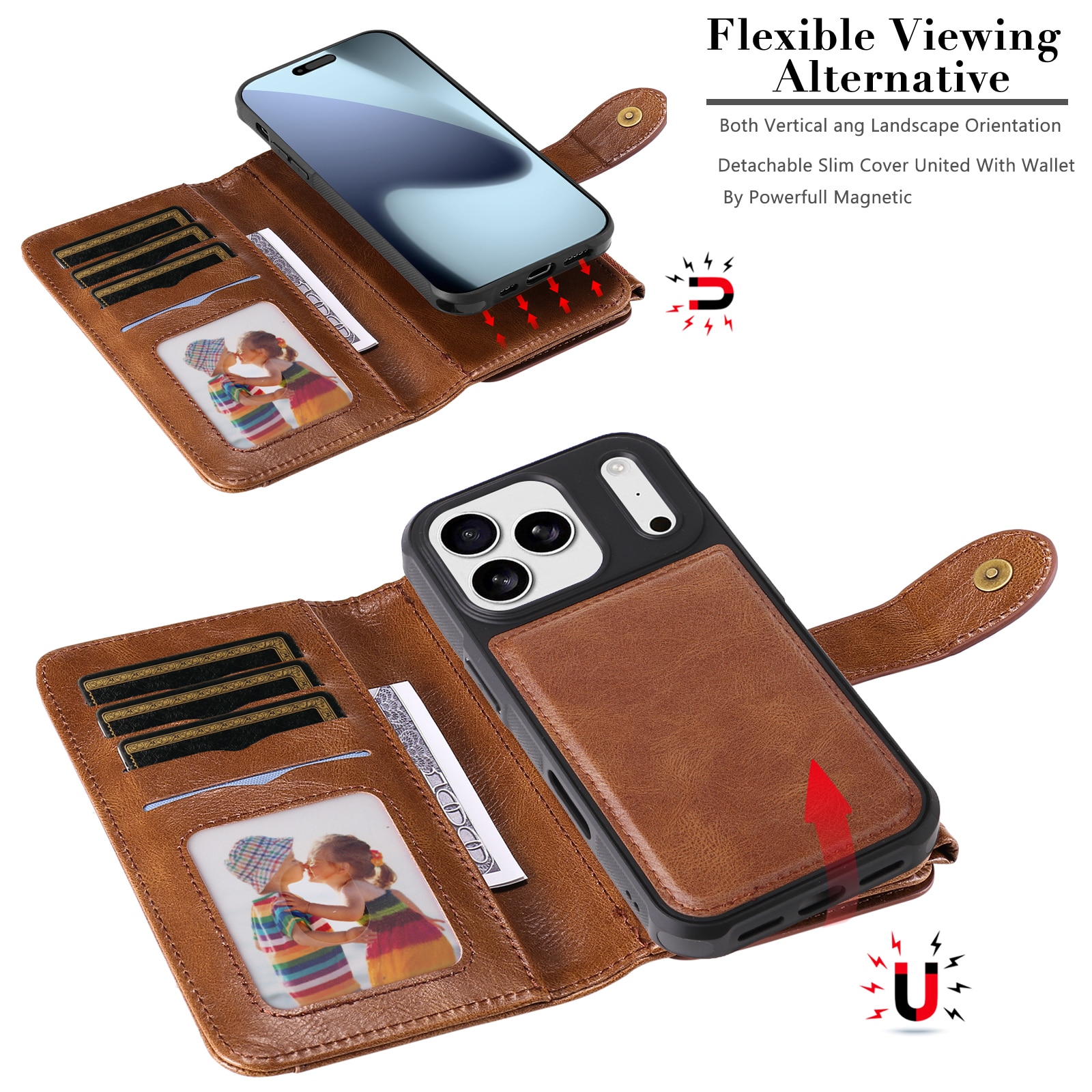 iPhone 17 Pro  Magnet Leather Multi-Wallet Bruin