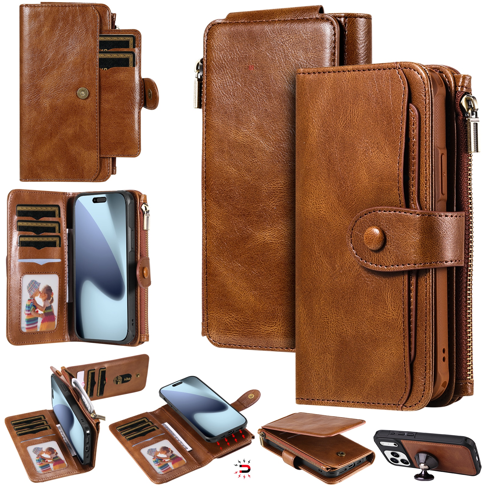 iPhone 17 Pro Max  Magnet Leather Multi-Wallet Bruin