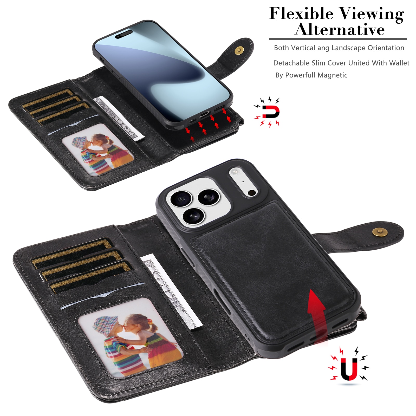 iPhone 17 Pro Max  Magnet Leather Multi-Wallet zwart