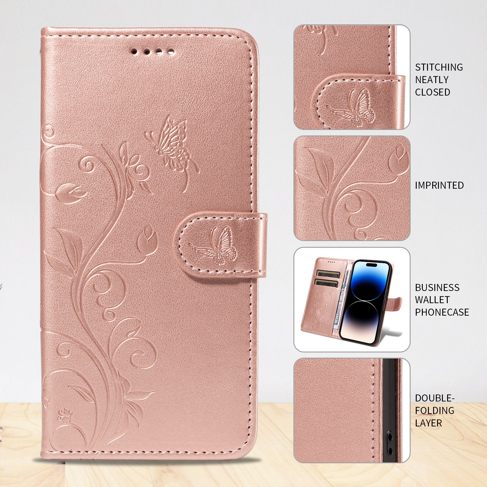 Sony Xperia 10 VII Leren vlinderhoesje Rosé goud