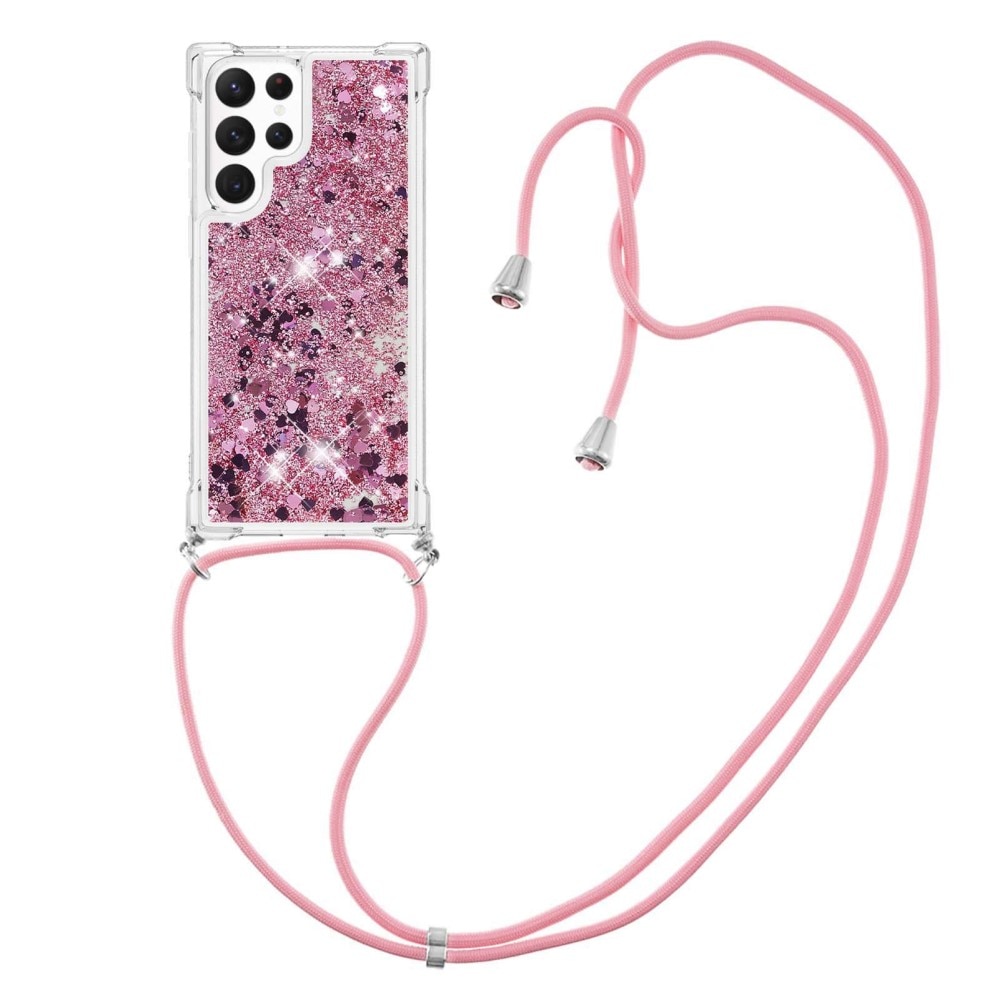 Samsung Galaxy S23 Ultra Glitter Powder TPU Hoesje Halsband roze