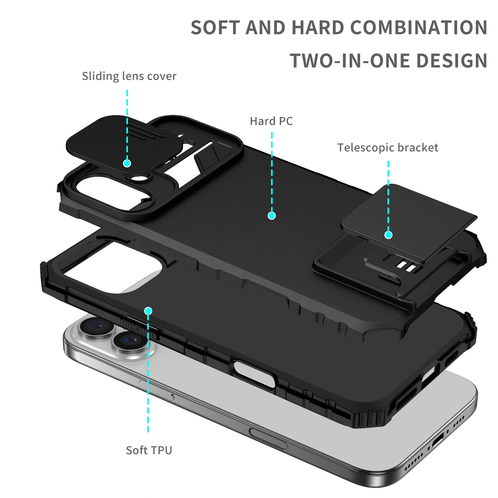 iPhone 17 Kickstand Hoesje met Camera Protector Zwart