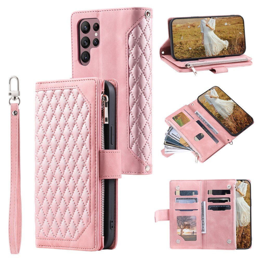 Samsung Galaxy S23 Ultra Portemonnee tas Quilted roze