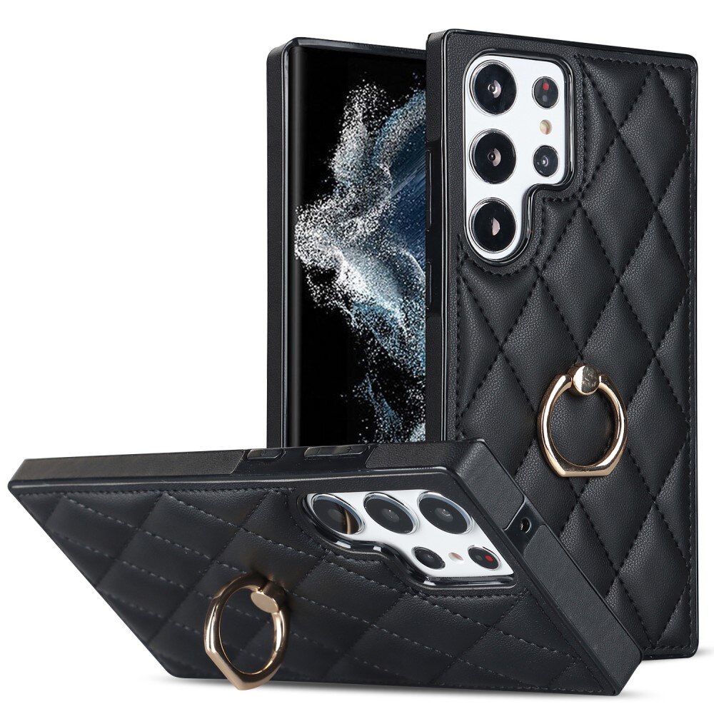 Samsung Galaxy S23 Ultra Hoesje Finger Ring Quilted zwart