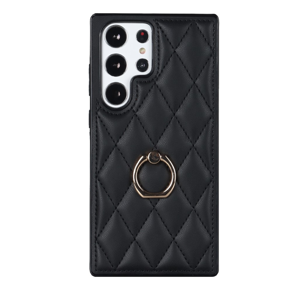 Samsung Galaxy S23 Ultra Hoesje Finger Ring Quilted zwart