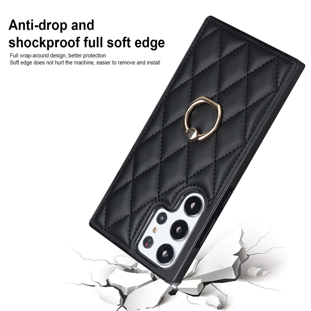 Samsung Galaxy S23 Ultra Hoesje Finger Ring Quilted zwart