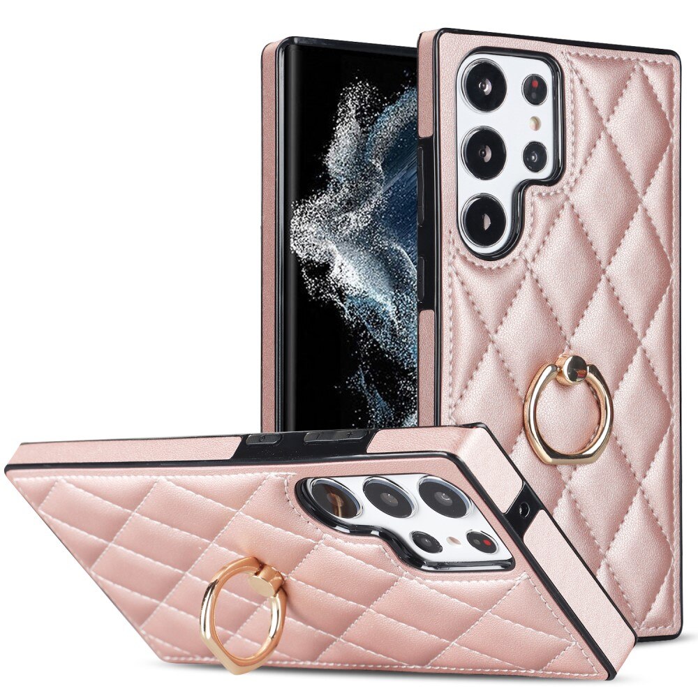 Samsung Galaxy S23 Ultra Hoesje Finger Ring Quilted rosé goud