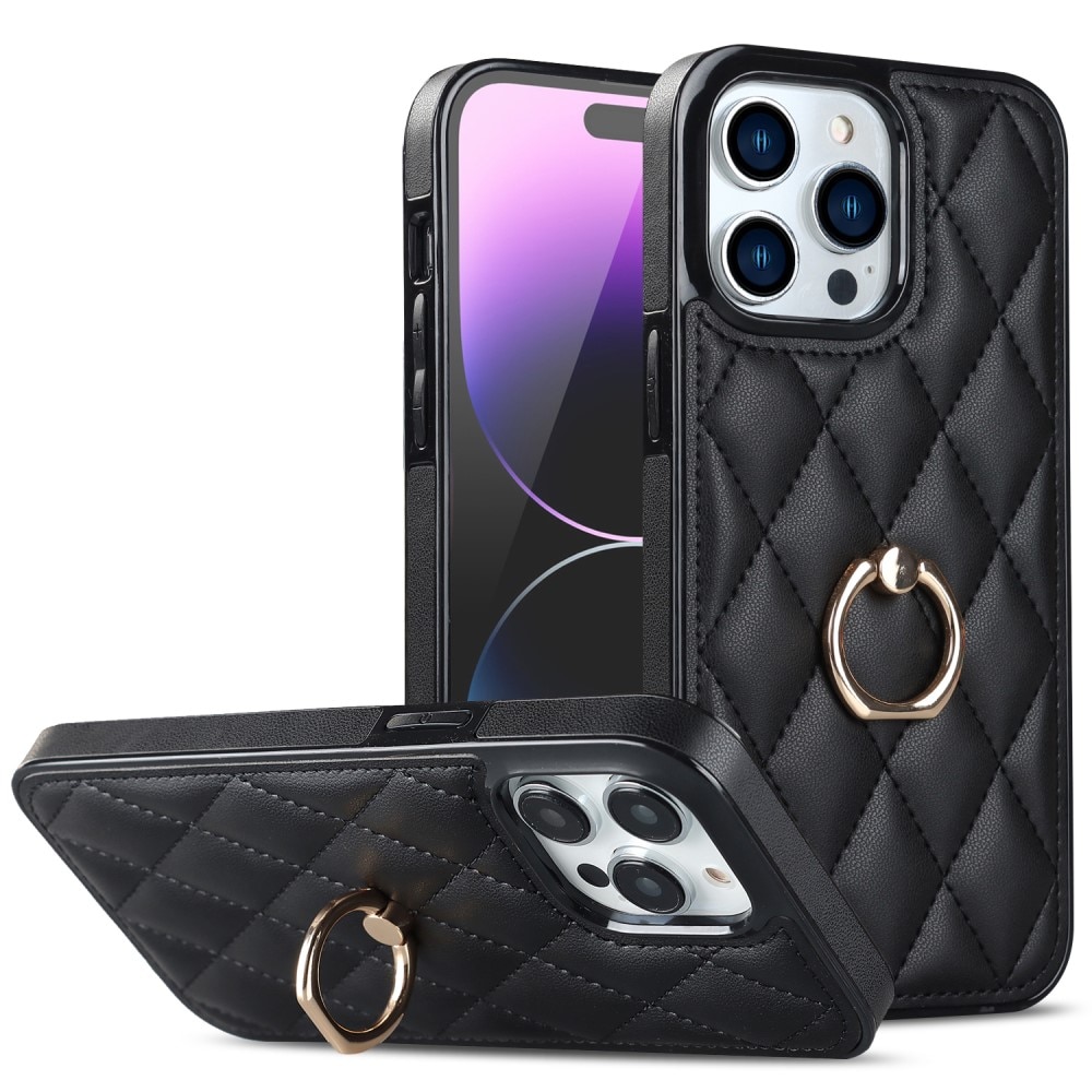 iPhone 14 Pro Hoesje Finger Ring Quilted zwart