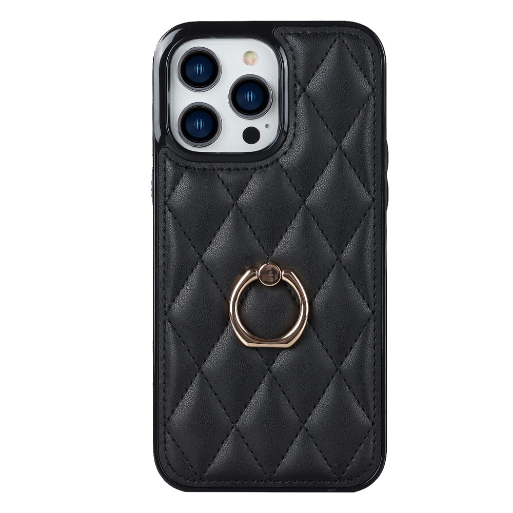iPhone 14 Pro Hoesje Finger Ring Quilted zwart