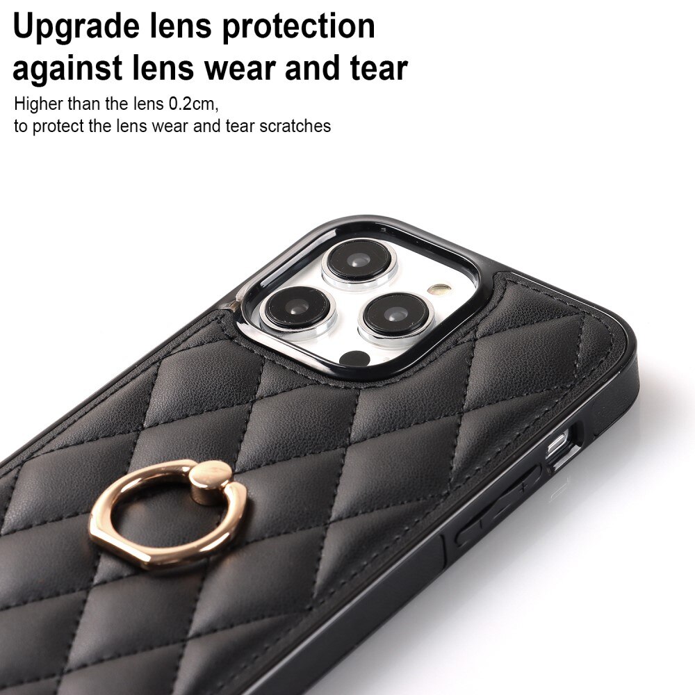 iPhone 14 Pro Hoesje Finger Ring Quilted zwart