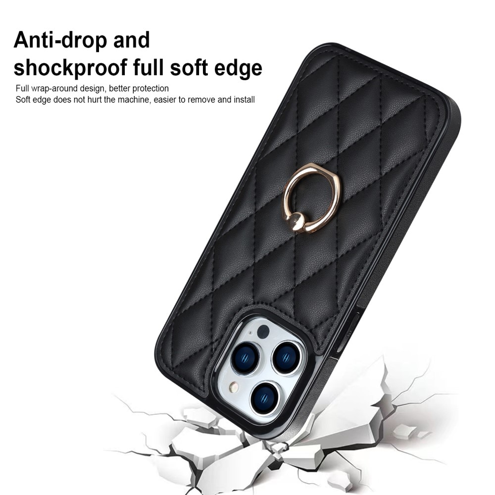 iPhone 14 Pro Hoesje Finger Ring Quilted zwart