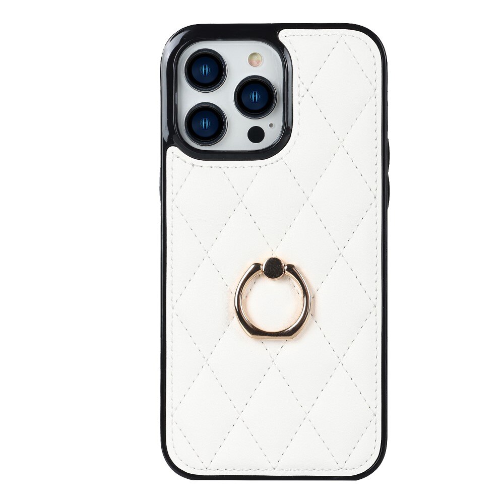 iPhone 14 Pro Hoesje Finger Ring Quilted wit