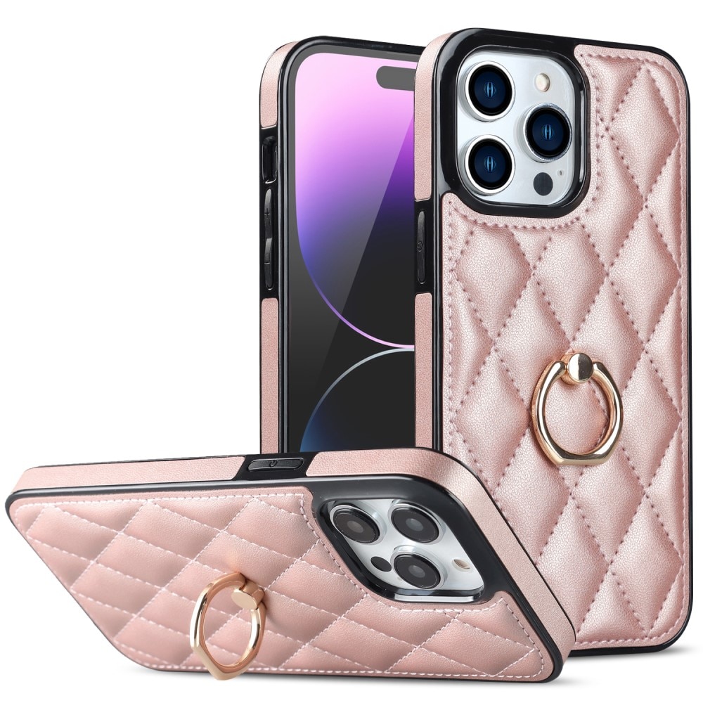 iPhone 14 Pro Hoesje Finger Ring Quilted rosé goud