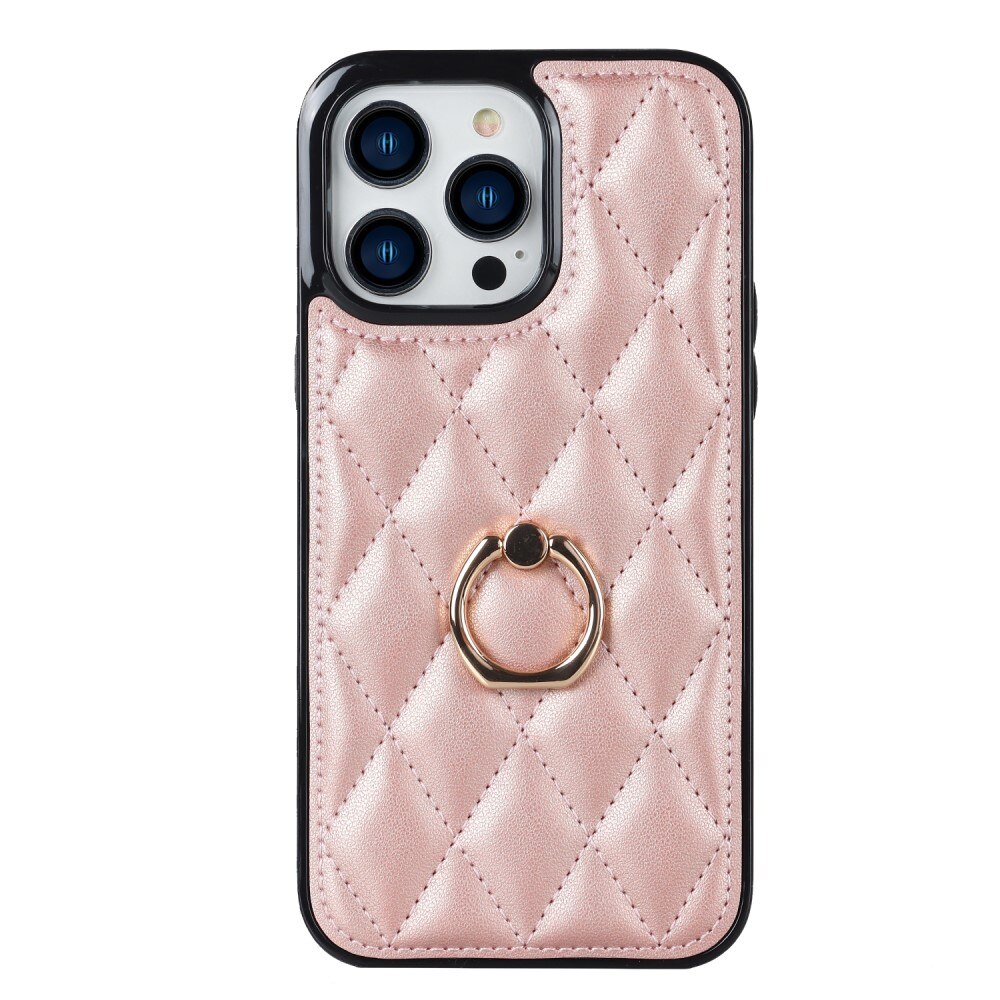 iPhone 14 Pro Hoesje Finger Ring Quilted rosé goud