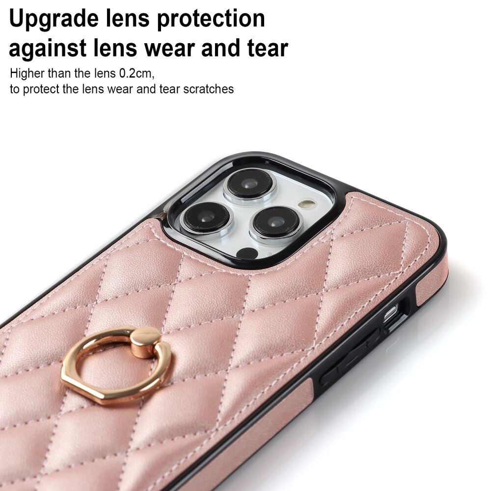 iPhone 14 Pro Hoesje Finger Ring Quilted rosé goud