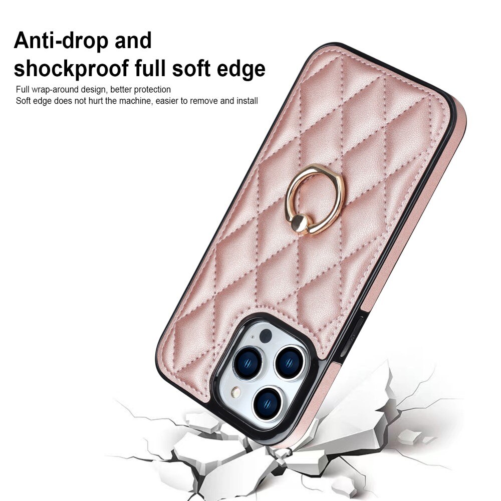 iPhone 14 Pro Hoesje Finger Ring Quilted rosé goud