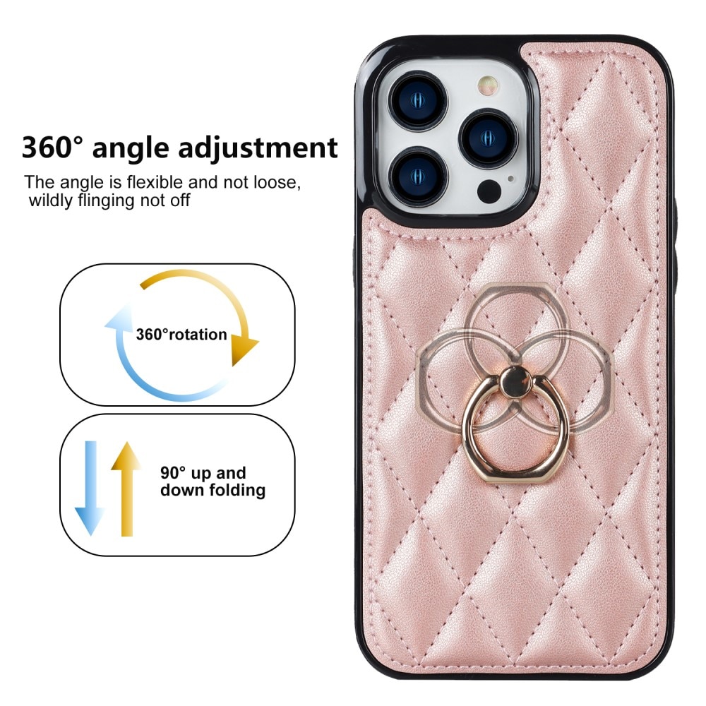 iPhone 14 Pro Hoesje Finger Ring Quilted rosé goud