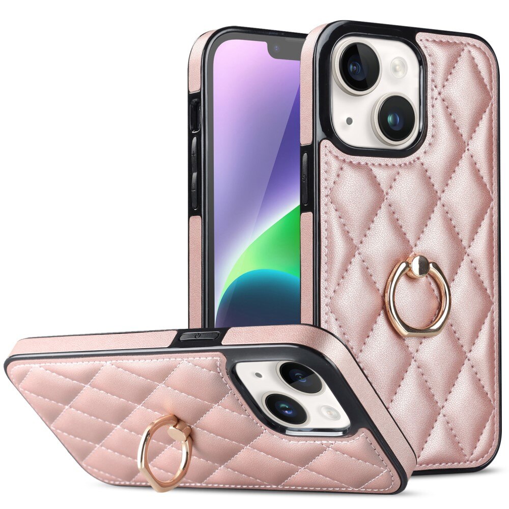 iPhone 14 Hoesje Finger Ring Quilted rosé goud